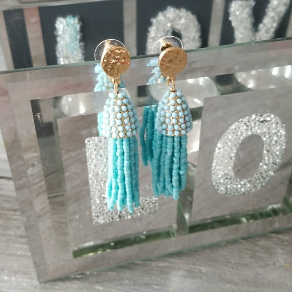 BLUE BEADED TASSEL EARRINGS - Picture 3 of 4
